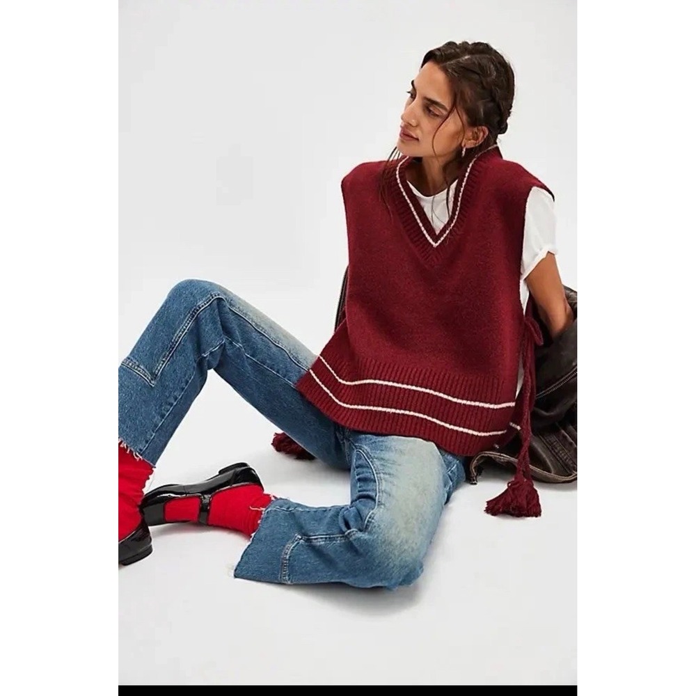 Free People Burgundy V-Neck Knit Poncho Vest with Ivory Trim